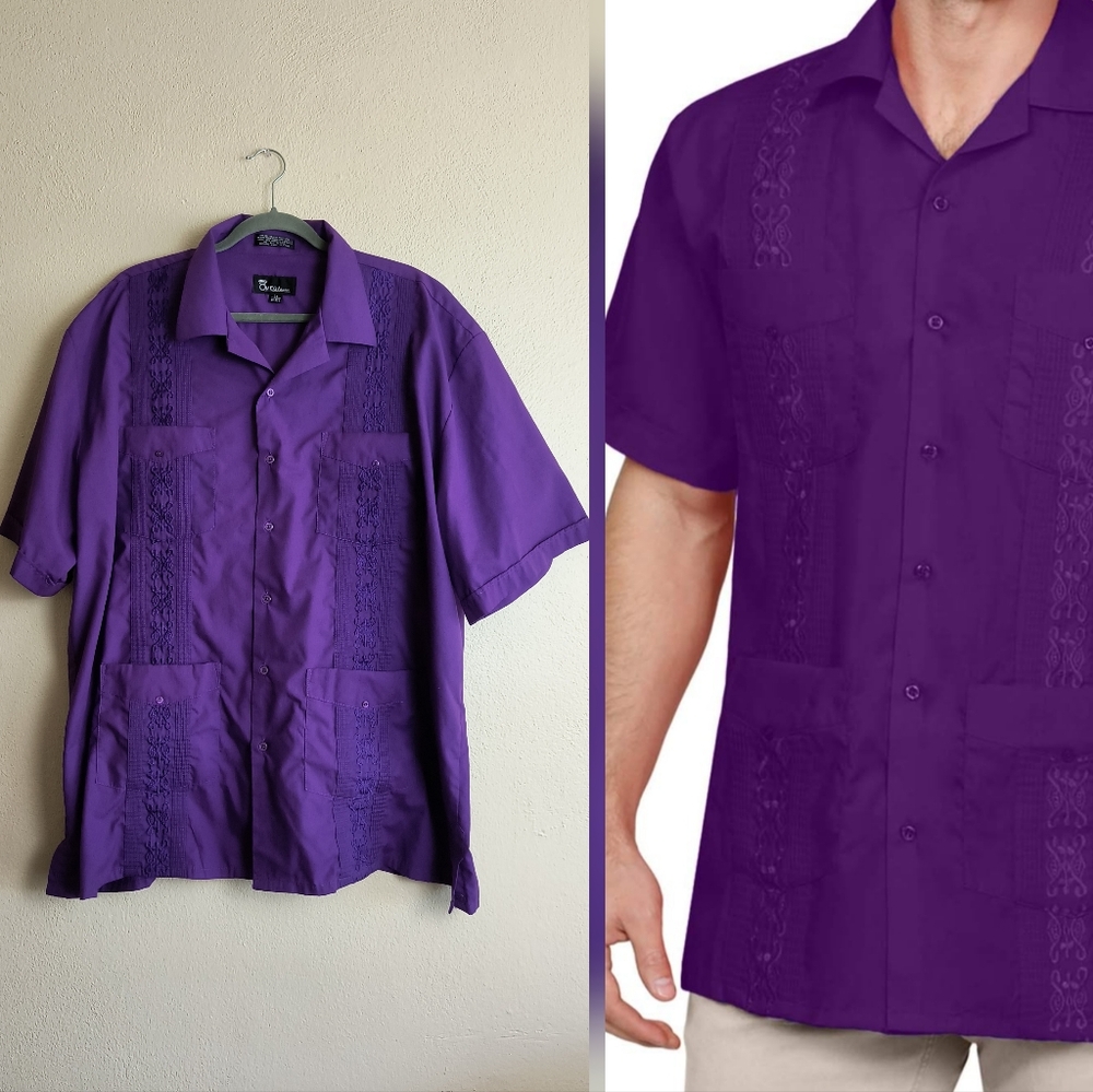 Casual Purple Button Down Shirt with Short Sleeves Cuban Guayabera Men's Size 3X